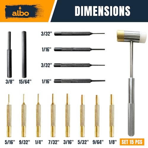 ALBO 15-Piece Pin Punch Set with Hammer, Brass and Plastic Drivers, Roll Pin Tools for Gunsmithing, Firearm and Small Machinery Repair, Knurled Handles, Hard Storage Case Set 15pcs (Black)