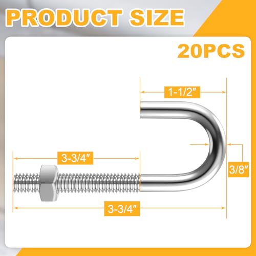 20 Pcs 3/8" x 3-3/4" J Bolt with Nut Galvanized Steel Eyebolts with Nuts Anchor Bolts Fastener Hardware for Concrete Pad Pouring Wood Projects Construction Dam Hanging Outdoor Installation 20