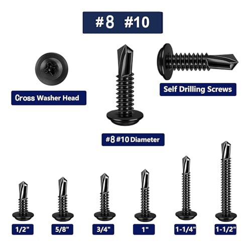 500PCS 410SS Sheet Metal Self-Drilling Screws Phillips #8#10 Assortment #8 #10X1/2" to #8 #10X1-1/2'' suit BLACK