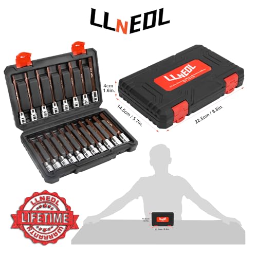 LLNEDL 3/8 Inch Drive Long Allen Hex Bit Socket Set, 19-Piece Hex Head Standard SAE & Metric Sockets (1/8"-3/8", 3-12mm), S2 Alloy Steel Durable Tools for Mechanics 19pcs 3/8 inch socket set