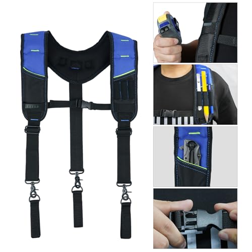 KUNN 3 Point Padded Tool Belt Suspenders with Tool Belt Loops,Black & Blue