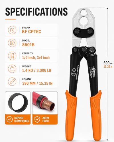 KF CPTEC PEX Crimping Tool Kit, Dual-Jaw 1/2 & 3/4 in Copper Ring Crimper KF-8601SET