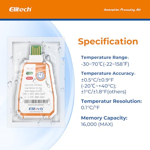 Elitech RC-17 Disposable Temperature Logger USB 180 Days Continuous Recording 16000 Data Sets for Food Medication & Vaccine Cool Chains Alarm Function, IP67 Water Protection 1