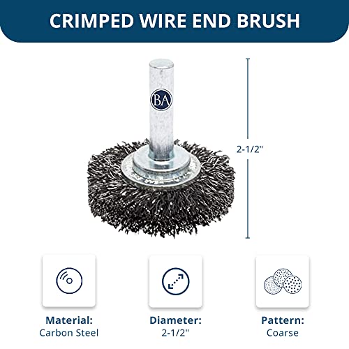 Benchmark Abrasives 2.5 Inch Grinder Mounted Crimped Wire Wheel for Drill with 1/4" Shank, Steel Brush for Rust Removal, Cleaning, Deburring on Cast Iron, Steel Rotary Tools (5 Pack) - Carbon Steel