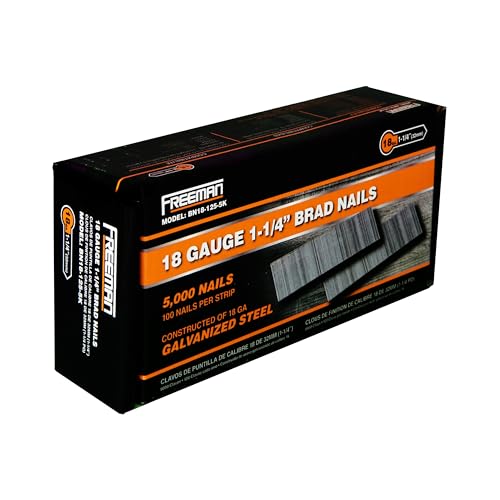 Freeman 18-Gauge Brad Nails, 1-1/4 Inch, Glue Collated Galvanized, 5000 Count, For Trim, Molding and Baseboards, Fits Most 18-Gauge Pneumatic, Electric Brad Nailers – BN18-125-5K
