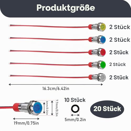Pack of 10 6 mm Indicator Light, 12-24 V Signal Light, Car Signal Lamp, Waterproof Indicator Lights, Copper Coated Wired for Warning Indicator and Signal (Red, Green, Yellow, Blue, White)