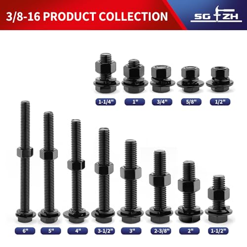 3/8-16 x 4 Hex Head Screw Bolt, Nuts, Flat & Lock Washers, 10Pcs 18-8 (304) Stainless Steel, Fully Threaded, Black Oxide by SG TZH