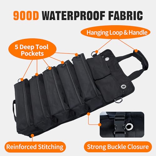 2-Piece Tool Bag Set – Heavy-Duty Roll-Up Waterproof Tool Organizer with 5 Compartments & Small Tool Pouch, Portable Foldable Tool Storage for Electrician, Mechanic, Carpenter, and DIY Projects