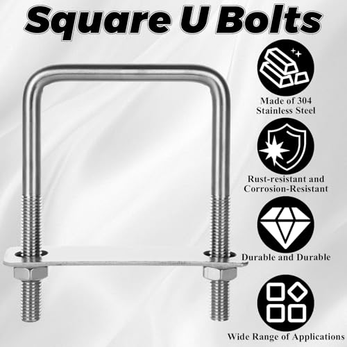 CertBuy 8 Pack Square U-Bolts 2-1/2" Inner Width 100mm Length 304 Stainless Steel U-Bolts with Washers and Nuts Replacement Parts and Accessories for Automobiles Trailer, Ski Boat, or Sailboat Trailer