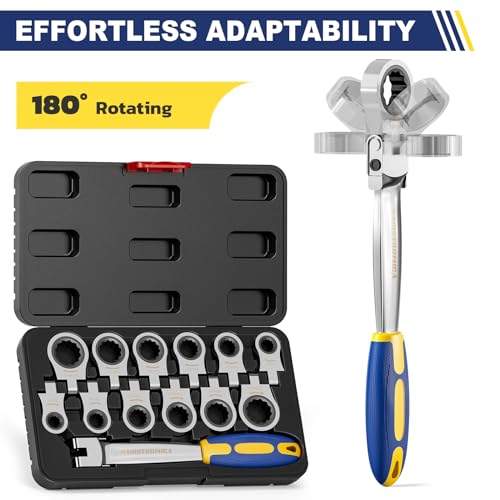 haisstronica 12 in 1 Flex-Head Ratcheting Wrench Set, Metric 8-19 mm Metric-12 in 1 Blue&yellow