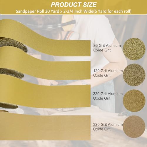 Total 20 Yards Long Continuous Roll Kit - 80 120 220 320 Grit PSA Longboard Sandpaper, 2-3/4" Wide - Self Adhesive Stickyback Sandpaper for Automotive, Woodworking, Hand Sanding Blocks