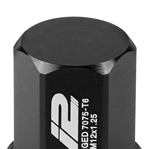 J2 Engineering 20 Pcs 7075 Aluminum Closed End M12 x 1.25 Lug Nuts Set w/Socket Adapter, Black, Fit Conical Seat, LN-T7-006-125-BK