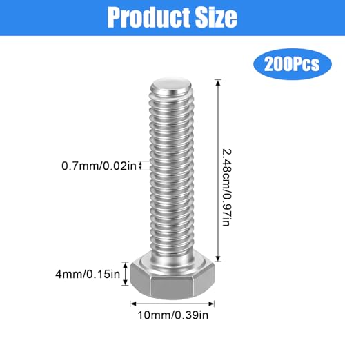 200 Pcs Hex Head Screw Bolt M6-1.0 x 25mm Stainless Steel 18-8 (304) External Hex Drive Fully Threaded Plain Finish Silver Machine Screws