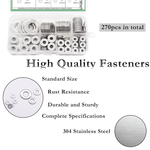 8 SAE Sizes 304 Stainless Steel Flat Washers and Metric Sizes Fender Washers Assortment Kit