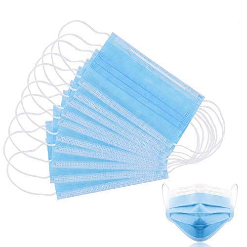 BigBig Home 100 pieces soft disposable face mask, 3-layer masks, dustproof, disposable protective masks, breathing masks with earrings, blue