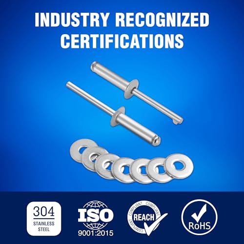 New Age America® 700pcs Blind Pop Rivets & Backup Washers | 3/32" to 1/4" | Silver | 14 Sizes | SAE Size Aluminum Rivets & 304 Stainless Steel Backup Washer | Rivet Kit w Steel Mandrel | Labelled Case 700 PCS Rivets & Washers