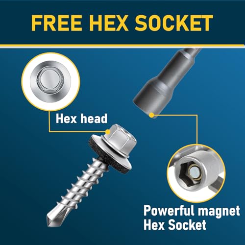 300Pcs #10 x 1-1/2 Inch Galvanized Metal Roofing Screws, Hex Head Drill Point Sheet Metal Roof Screw with Rubber Washer, EPDM Washer, with Hex Drive Bit. 300