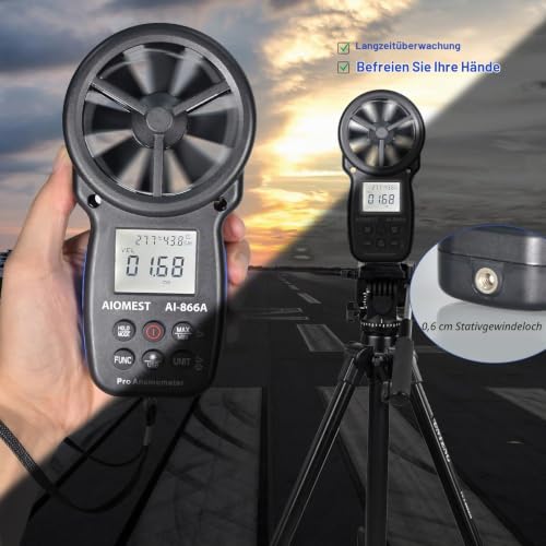 Anemometer Digital Air Flow Meter m³/h, AIOMEST Wind Meter AI-866A for Wind Speed, Volume Flow, Temperature, Humidity, with USB PC Sync for Air Conditioning RLT System, Ventilation System