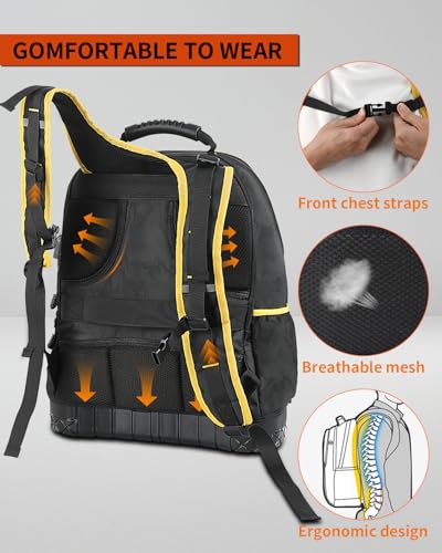 Heavy Duty Tool Backpack with Laptop Compartment, Hard Bottom & Tool Pouch Durable Electrician Tool Bag Organizer with Multiple Pockets, USB Port, Water Bottle Holders, HVAC Work Backpack for Men