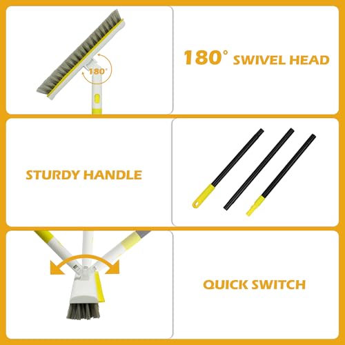 Floor Scrub Brush with 127CM Long Handle for Cleaning, 2 in 1 Scrape Scrubber Brush with Squeegee, 180° Rotating Tile Tub Scrub Brushes Attachment for Clean Bathroom Deck Kitchen and Wall