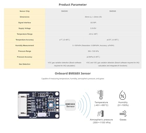 BME688 Environmental Sensor Module, AI-Enhanced, Monitors Temperature, Humidity, Pressure & Gas, I2C/SPI, 3.3V/5V Compatible for Raspberry Pi, Arduino, ESP32, IoT & Air Quality Projects