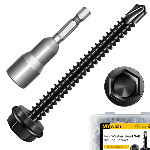 Mywish 100Pcs #10×2" Black Self Tapping Screws for Metal & 50pcs #10 x 2 Self Drilling Screws for Metal, 410 Stainless Steel Hex Washer Head Self Drilling Screws, Black Oxided Self Tapping Sheet Metal