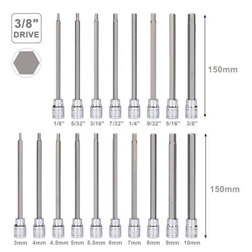 Mayouko 3/8" Drive Extra Long Allen Hex Bit Socket Set, S2&CR-V, Metreic&SAE, 18 Pieces, 1/8" - 3/8", 3-10 mm Hex(SAE&Metric)