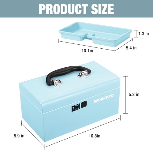 WORKPRO 10.8" Mini Metal Tool Box with Removable Tray Macaron Blue