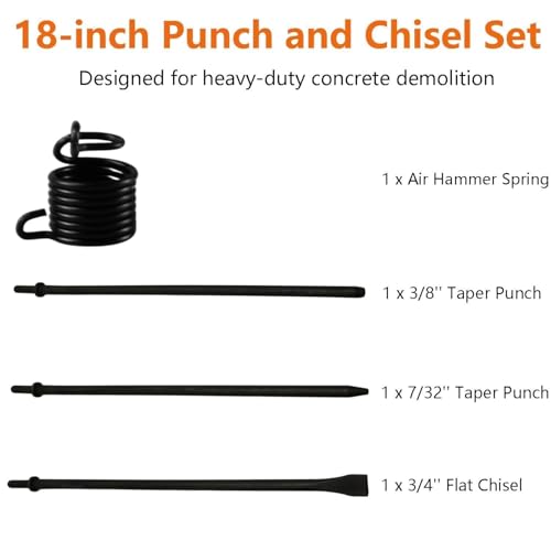 42Cr-Mo Air Hammer Bits 18''(450mm) Long 3-Piece Set, 3/4'' Air Chisel, 3/8'' Point Tip, 7/32'' Point Tip, 0.401" Shank, Air Hammer Attachments, HRC60, Rolled Rust-resistant Oil Treatment,Cold Chisel 18'' Long 3-Piece set