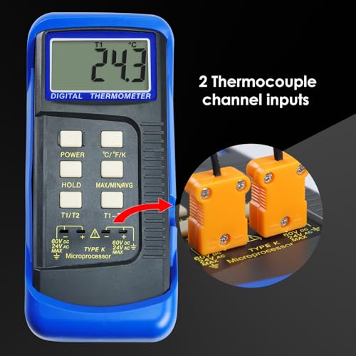 Dual Channel Thermocouple Thermometer Digital Temperature K Type Thermometer with 4 Probe (Wired & Stainless Steel) -50~1300°C (-58~2372°F) Range Temperature Meter Gauge Blue