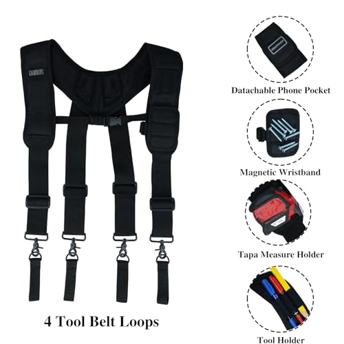 MELOTOUGH Magnetic Tool Belt Suspenders with Magnetic WristBand,Padded Tool Belt for Men with handle strap, Heavy-Duty Work Belt with D ring