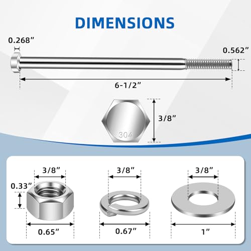 Mellewell 3/8-16 x 6-1/2" Hex Head Bolts with Hex Nuts and Thick Flat & Lock Washers, Partially Threaded, Stainless Steel 18-8, Plain Finish, 4 Sets 3/8-16 x 6-1/2" Silver
