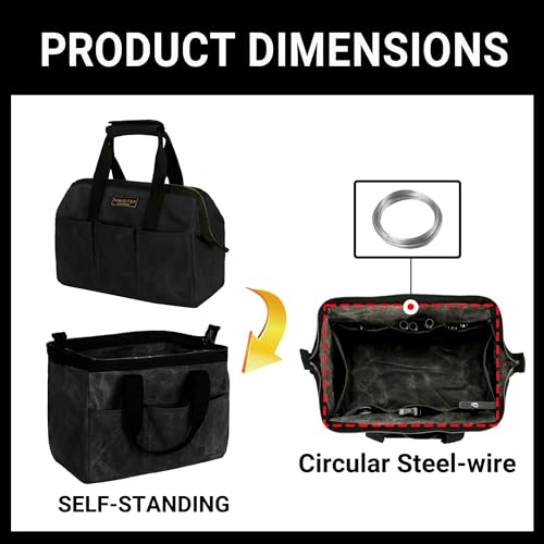 Heavy-Duty 16oz Waxed Canvas Tool Tote Bag - 15" Wide Mouth Open Top Organizer with 15 Pockets | Multi-Purpose Storage for Tools, Hardware & DIY Supplies (Black) Black 15 Inch