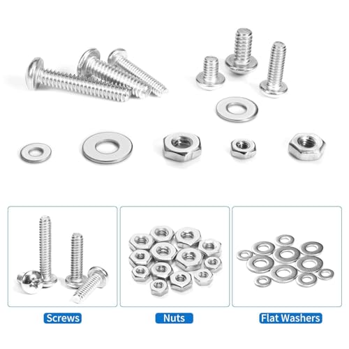 725Pcs Stainless Steel Machine Screw Assortment Kit - Phillips Pan Head #10-24, #8-32, #6-32, #4-40 with Matching Nuts, Bolts & Flat Washers in Reusable Storage Case