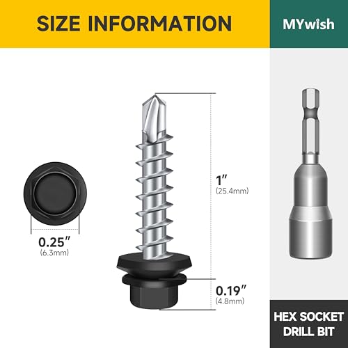 Mywish 155Pcs #10x1/2, 5/8", 3/4", 1",1-1/4", 1-1/2", 2" Self Tapping Screws & 50pcs #10 x 1 Hex Head Self-Drilling Sheet Metal Roofing Screws with EPDM Washer, elf Drilling Screws, Black Sheet Metal