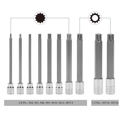 EMENTOL XZN Triple Square Spline Bit Socket Set, Extra Long 5.9-Inch, 10 Pieces 3/8" and 1/2" Drive M4 - M16, MT14 - MT18, CR-V and S2 Steel