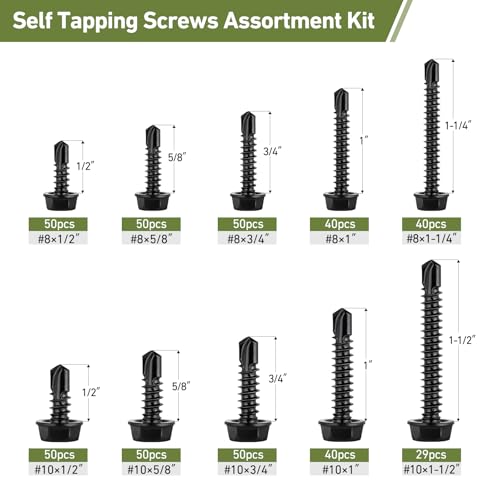 Black Self Tapping Screws Assortment Kit 449PCS, Stainless Steel 410 Self Drilling Screws for Metal, #8#10 1/2" 5/8" 3/4" 1" 1-1/4" 1-1/2", Hex Washer Head Sheet Metal Screw #8/#10 Assorted Black 449