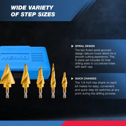NEIKO Step Drill Bit Set for Metal and Wood (5 Piece) and Tap Magic ProTap Cutting Fluid (4 oz.) 5 PC STEP DRILL BIT SET Step Drill Bit Set + Cutting Fluid
