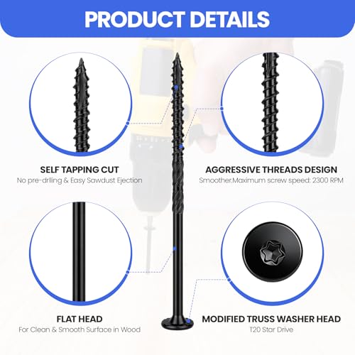 #14 * 6 Wood Structural Lag Screws, 50 Pcs Black Star Drive Deck Screws, Heavy Duty Rust Resistant Timber Screws for Timber/Log/Landscaping Wood 14*6