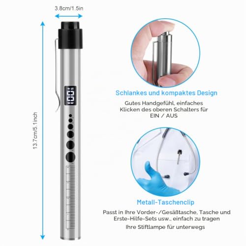 Flintronic Upil Light Medicine, 1 Piece Diagnostic Light with Digital Display, Pupil Meter and Ruler, Rechargeable USB LED Pen Lamp for Nurses, Students, Doctors (Silver) Type-c-silver-1 Piece