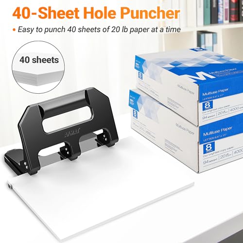 AFMAT HPX1 Heavy Duty 3 Hole Punch, 3 Hole Puncher for Binder, 40-Sheet Three Hole Punch w/ 10000+ Uses, Metal Hole Puncher 3 Ring, 50% Reduced Effort, Bulit-in S.S. Paper Guide (Black) Black