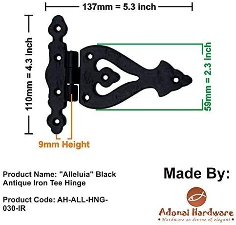 Adonai Hardware Alleluia Antique Cast Iron Vintage Heavy Duty T Hinges (5.3" x 2 Pack, Matte Black) for Barn Doors, Gates, Cabinets, Wardrobes, Sheds, Windows, Wooden Box, Chest and Trunks 5.3 Inch x 2 Pack (T Hinge) Matte Black (Iron)