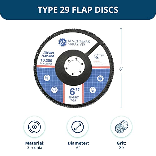 Benchmark Abrasives 6" x 7/8" Zirconia Type 29 Flap Discs, 80 Grit