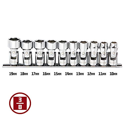 Powerbuilt 10 Piece 3/8 Inch Drive Metric Universal 6 Point Socket Set, 10–19 mm, Chrome Vanadium Steel, Mirror Polish, Z-Drive Grip, Easy Read Markings, Socket Rail – 641715