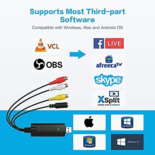 Capture Card, USB Video Capture Card Device, Audio Video Converter Grabber for RCA to USB-Convert VHS Mini DV VCR Hi8 DVD to Digital, for PC TV Tape Player Camcorder, MAC Windows Vista Compatible RCA-Video