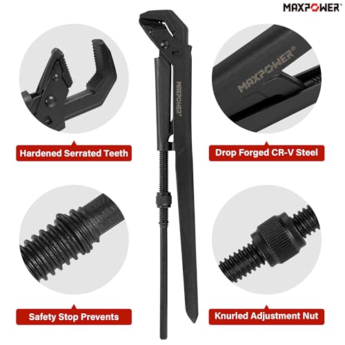 MAXPOWER Swedish Pipe Wrench, 16 1/2-Inch Adjustable Swedish Pipe Spanner Plumbers Wrench with 90°Angled Jaw, Jaw MAX Opening Capacity 2.75"