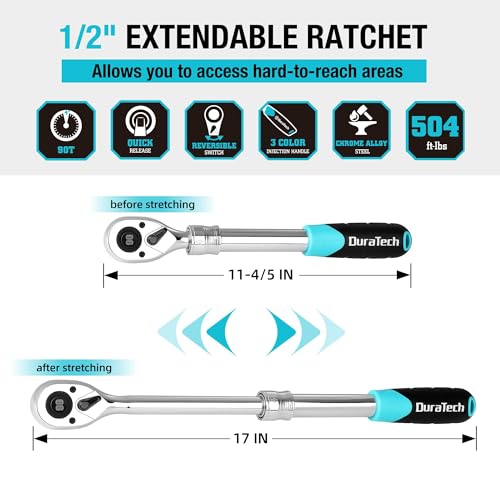 DURATECH 1/2-Inch Extendable Ratchet, 90-Tooth Quick-release Ratchet Wrench 1/2"