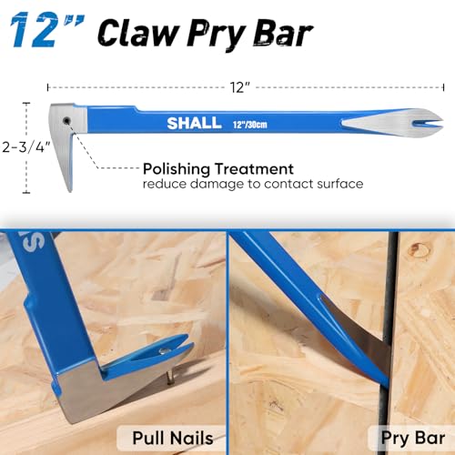 SHALL 4-Piece Pry Bar Set, 12-Inch Cats Paw Nail Puller, 10-Inch & 7.5-Inch Flat Claw Pry Bars, 8-Inch End Cutting Pliers, Utility Wonder Crowbar, Nail Remover Tool for Baseboard, Floor, Nails Removal