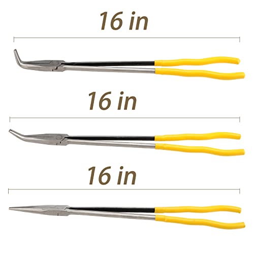 3 Pieces 16 Inch Long Needle Nose Pliers Set, Straight, 45, 90 Degree Long Reach Pliers Set with Comfortable Handle for Tight Space
