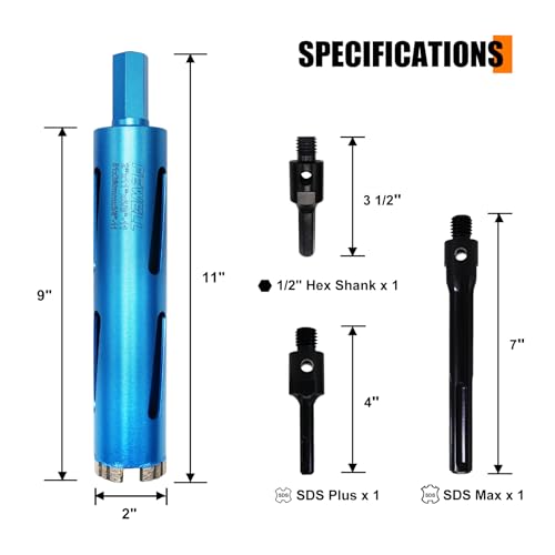 FEWELL 2" Diamond Core Drill Bits,9" Drilling Depth with Laser Segments 2 in
